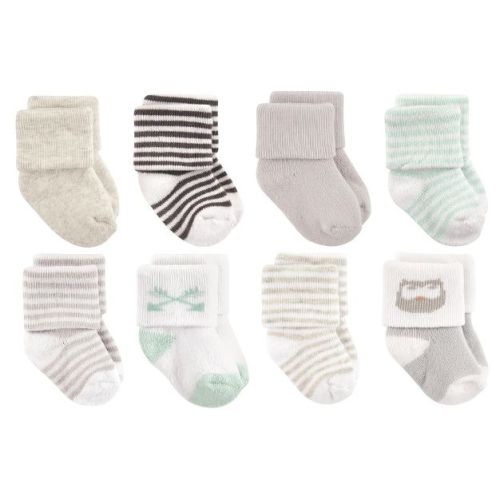 Luvable Friends Basics Infant Baby Cozy Terry Socks 8-Pack, Forest Friends Owls, 0-6 Months