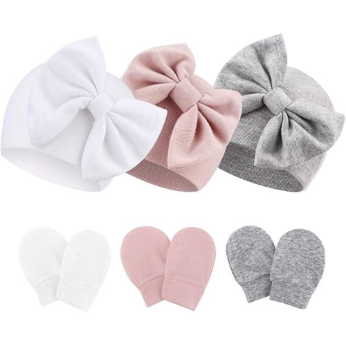 Newborn Baby Hats and Mittens Set Infant Bow Beanie Cap Toddler Gloves Newborn Hospital Hats for Baby Boy Girl Kid 0-6 Months