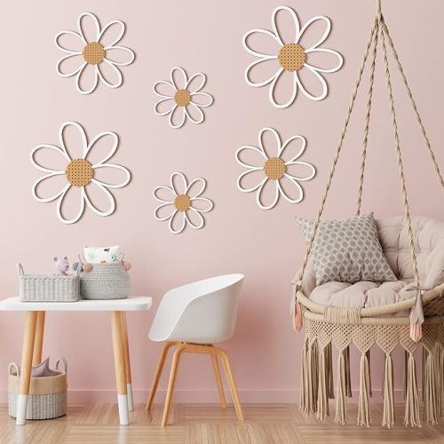 Thyle 6 Pcs Daisy Wall Decor Wooden Daisy Wall Sculptures Art Flowers Signs Hanging Plaque for Home Nursery Bedroom Farmhouse Bathroom Decorations Housewarming Gifts (White)