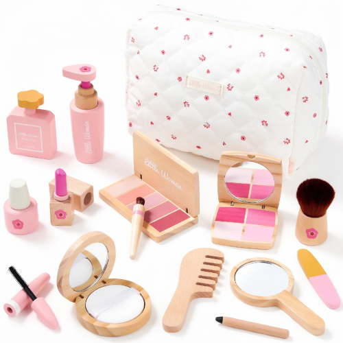 pearoft, Wooden Makeup Toy Set for Girls, 15pcs, Pink