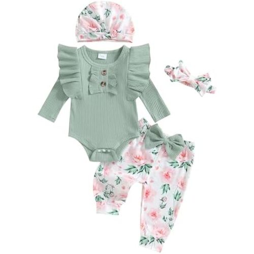 Baby Girl Fall Winter Clothes Ruffle Ribbed Romper Floral Pants Set With Fat Headband Newborn Going Home Outfit