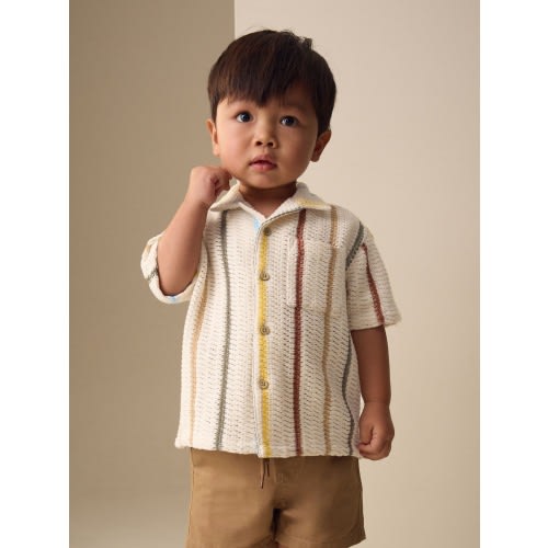 Ecru Striped Short Sleeve Revere Collar Textured Shirt (3mths-7yrs)