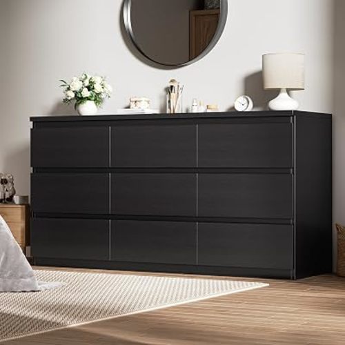 Black 9 Drawer Dresser for Bedroom,Modern Wood Dressers & Chest of Drawers with No-Handle Design, Long Dressers for Closet Living Room,Nursery,Hallway (59.06 * 32.28 * 14.57 in)