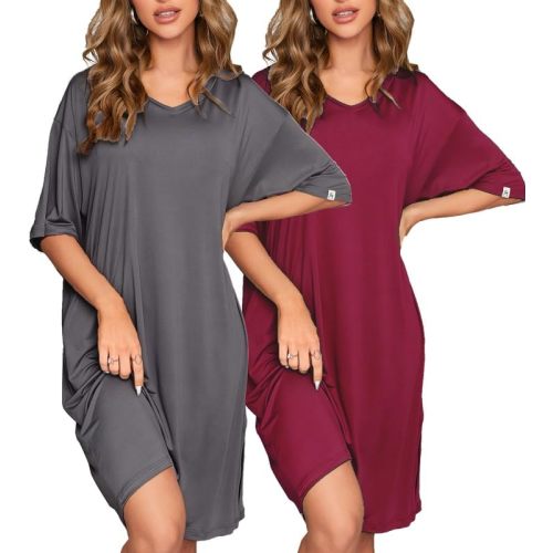 ft FENTENG 2-Pack Women's Nightgowns Short Sleeve Nightshirt V Neck Soft Sleepwear Casual Sleepshirts Loose Pajama Dress