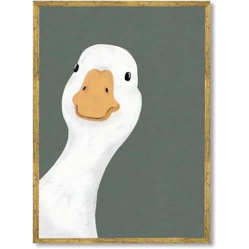 Balsuka Funny Silly Goose Wall Art Dark Green Animal Poster Cute Minimalist Duck Canvas Print Modern Farmhouse Geese Painting for Living Room Bedroom Bathroom Playroom Decor 16x24inch Golden Frame