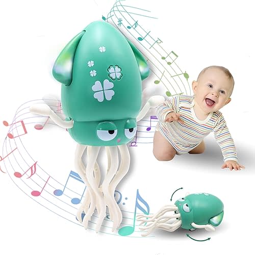 Pbooo Magic Dancing Octopus Toy, Electric Crawling with LED Lights and Music, Rechargeable Music Squid Baby Toy for 1-6 Year Olds, Tummy Time and Toddler Walking Toy, Birthday Gift, Green