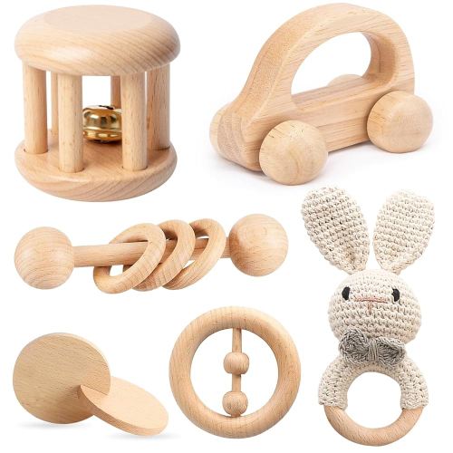 Wooden Baby Toys, Montessori Toys for Babies 0-6 -12 Months, Wood Rattles Set for Infant Grasping, Wooden Rattles Push Car Crochet Bunny Rattle Toy for Newborn Infant