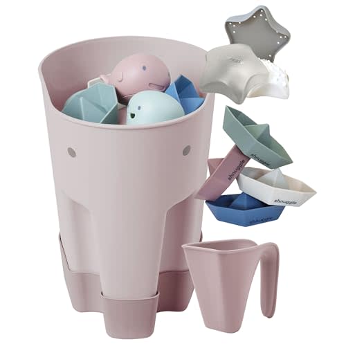 Shnuggle Bath Accessories Bundle - Ellie Bath Toy Scoop, Washy Rinse Jug, Stack n Sail Bath Boats, & Wishy Sensory Bath Toy for Babies & Toddlers - 4-Piece Set, Blossom