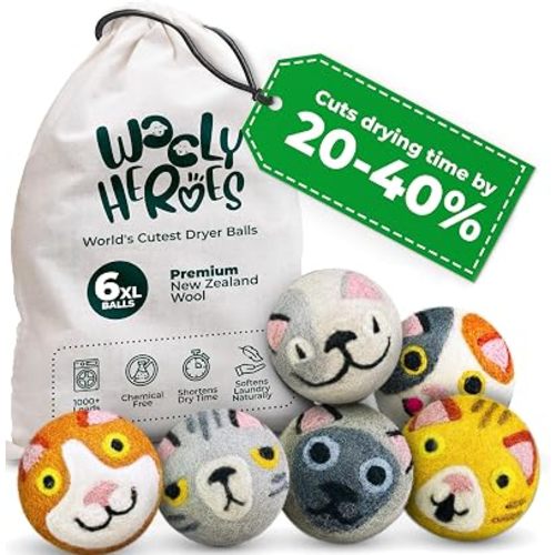 Chemical Free & Baby Safe! Reusable Wool Dryer Balls XL 6-Pack - Reduces Static, Cuts Dry Time, & Softens Naturally