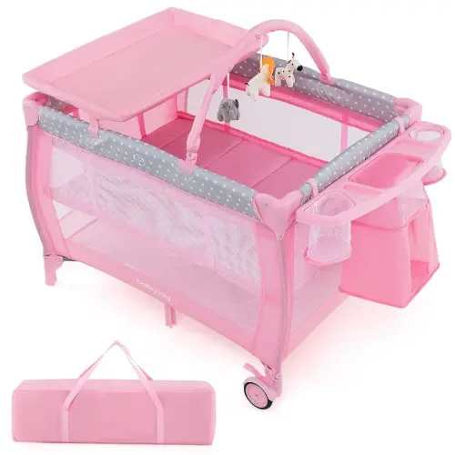 BABY JOY 3 in 1 Portable Pack and Play with Bassinet, Convertible Baby Travel Crib Playard with Changing Table, Brake Wheel, Newborn Napper with Large Capacity Storage Shelf, Oxford Carry Bag