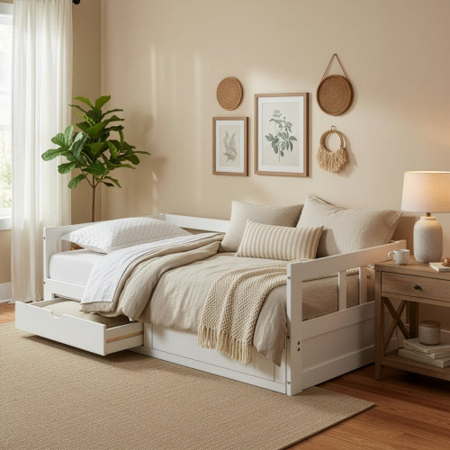 Rosecliff Heights Furniture Melody King Daybed With Pop Up Trundle Bed - Wood Day Bed With 2 Pull-out Storage Drawers And 400lb Capacity - For Kids, Guest Room, Living Room | Wayfair