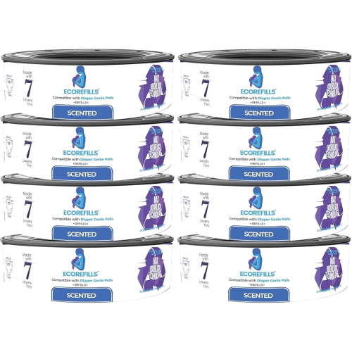 Ecorefills Diaper Pail Refills Compatible with Diaper Genie Complete & Expressions, Lavender Scented Continuous Film, Odor Lock, 8 Pack
