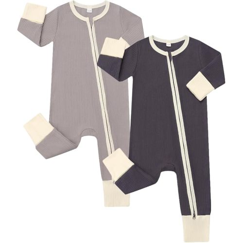 Baby Boy Girl 2 Pack Rompers with Mitten Cuffs, Ribbed Cotton 2 Way Zipper Romper One Piece Jumpsuits Clothes