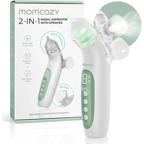 Momcozy BreezyClear™ 2-in-1 Electric Nasal Aspirator for Baby with Spray, 65kPa Hospital-Grade Suction, 4 Adjustable Levels, Quiet & Portable Nose Cleaner with Soothing Light & Music