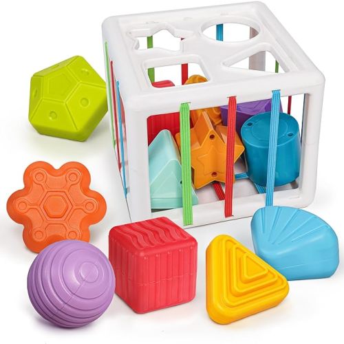 LiKee Montessori Toys for 1 Year Old Multi Sensory Shapes Developmental Learning Birthday Gifts (Shape Sorter Cube)