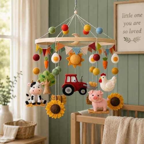 Personalized Farm Tractor Baby Mobile, Custom Barnyard Nursery Bedroom Decor, Felt Cow Pig Chicken Crib Toy, Sunflower Newborn Gift Shower