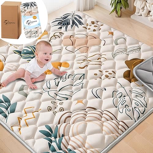 Baby Play Mats for Floor, 50x50 Playpen Mat for Babies, Extra Thicker & Soft Floor Crawling Mat, Foldable Non-Slip Playmat Cushioned for Infants Toddlers, Boho Leaf Style