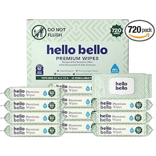 Hello Bello Premium Wipes, Designed for Sensitive Skin with Chamomile & Aloe Extracts, Simply Sage (12 Resealable Packets = 720 Total Wipes)