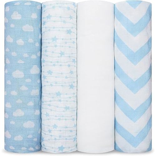 Comfy Cubs Muslin Swaddle Blankets (Pack of 4) - 47” x 47”, Soft Cotton Baby Blanket Set, Large Swaddling Wraps for Newborns - Self-Soothing Baby Swaddle - (Blue)