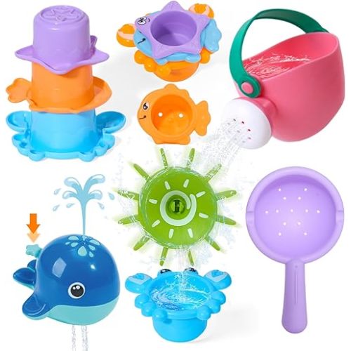 Baby Bath Toys for Kids Ages 1-3, Fun & Mold Free Toddler Bath Toys with 3 Stacking Cups, Spinning Wheel & Whale Toy, Bathtub Beach Pool Water Table Toys for 1+ Year Old Boys Girls Gifts
