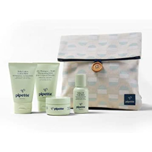 Pipette Baby Travel Kit - Trial Size Toiletries, Baby Gift Set, Hypoallergenic, Free of Synthetic Fragrances, Cruelty-Free, 4 Products + Travel Pouch