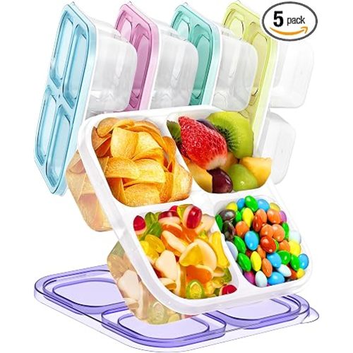 Canfanni 5 Pcs Bento Snack Containers, Reusable 4 Compartment Divided Food Storage Containers, Divided Lunchable Container for School, Work and Travel (All Transparent)