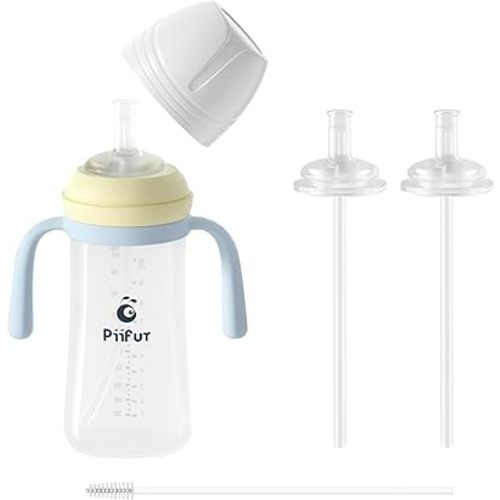 Piifur Sippy Cups for Toddlers 1-3 No Spill with 2 Straw Replacement Sets Water Bottle with Handle 10 Ounce Blue
