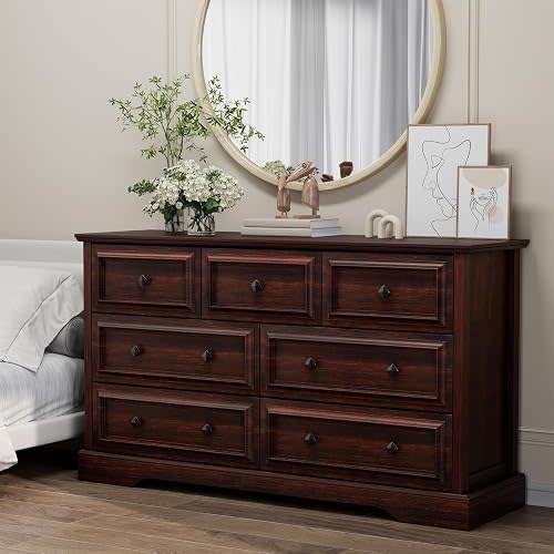 VVFLU Farmhouse 7 Drawer Dresser for Bedroom, 54" Wide Wooden Dresser with Natural Texture & Vintage Metal Knobs, Large Chest of Drawers for Bedroom, Living Room, Hallway, Cherry