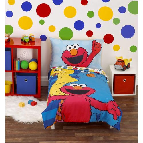 Sesame Street Best Friends Blue, Red, Yellow 4Piece Toddler Bed Set - Comforter, Fitted Bottom Sheet, Flat Top Sheet, Reversible Pillowcase, Blue, Red, Yellow, Green