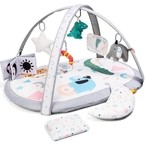 Lupantte 7 in 1 Baby Play Gym Mat, 2 Replaceable Washable Mat Covers Baby Activity Play Mat with 6 Toys, Visual, Hearing, Touch, Cognitive Development for Baby to Toddler, Thicker Non-Slip