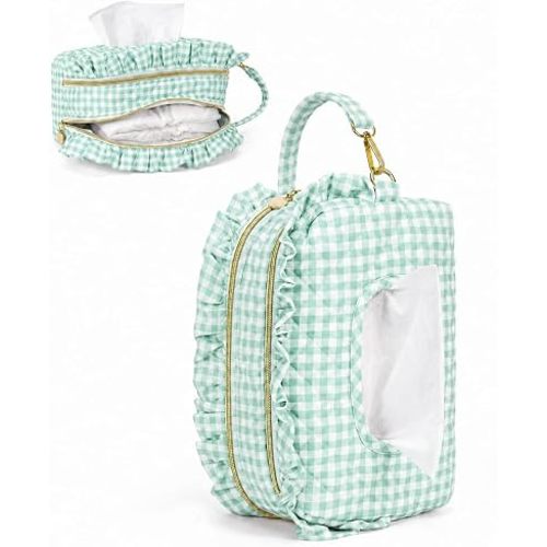 Double-Layer Wipe Holder Quilted Wipes Bag Small Hanging Diaper Bag Portable Wipe Pouch for Stroller, Home, Travel (Green Plaid)