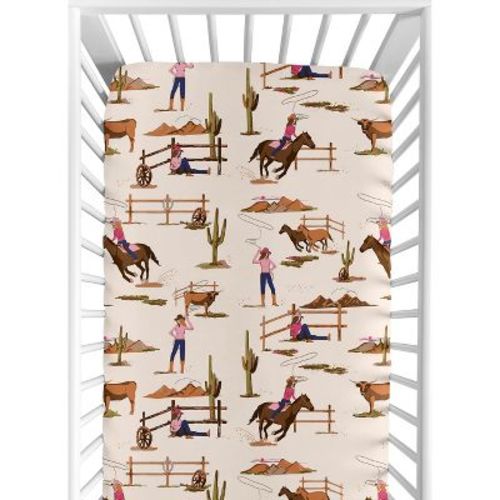 Sweet Jojo Designs Girl Baby Fitted Crib Sheet Western Cowgirl Pink Brown Beige Blue
