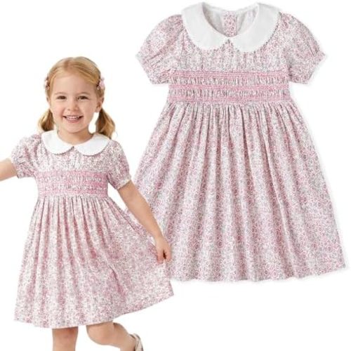 Curipeer Little Girls Summer Dress Floral Short Sleeve Cotton Casual Outfit Dress 12M-8Y