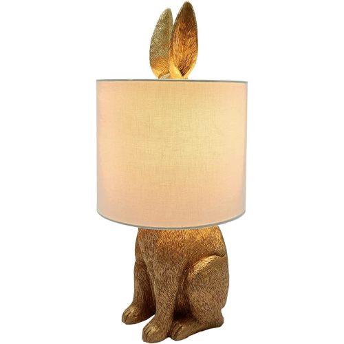 Bunny Table Lamp Golden Resin Rabbit Nightstand Light with Fabric Shade Bedside Table Light Living Room Decoration