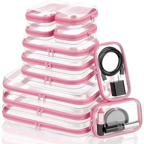12 Pack Clear Hard Shell Zipper Case with 40 Labels, X-Large/Medium/Small Stackable Clear Pouches, Crush-resistant Travel Toiletry Bag Organizer for Makeup Board Games Electronics (Pink)