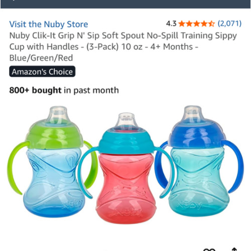 Nuby Clik-It Grip N' Sip Soft Spout No-Spill Training Sippy Cup with Handles - (3-Pack) 10 oz - 4+ Months - Blue/Green/Red