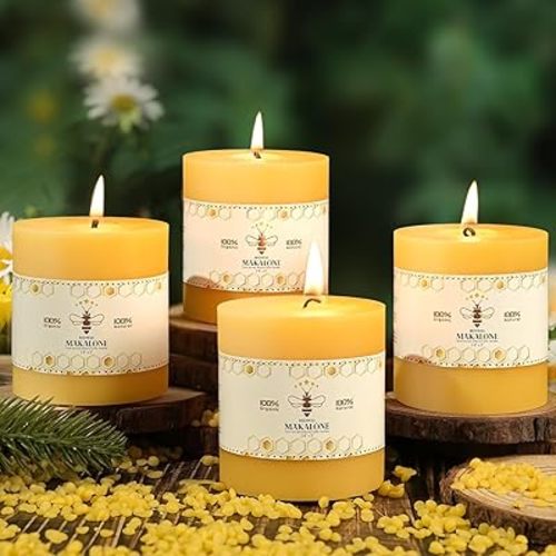 4 Pack 100% Pure Beeswax Candles,180 Hours Long Burning-Natural Beeswax Pillar Candles for Emergency,Unscented Bees Wax Candles for Home,Paryer,Parties,Pillar Candle Bulk 2.8x3in