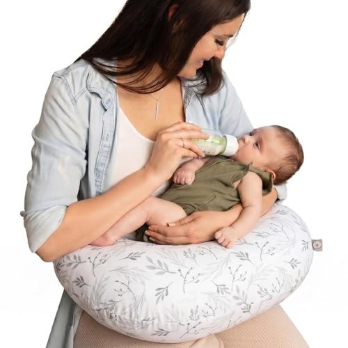 Boppy Nursing Pillow - Verified Safe Breastfeeding Pillow with Softer Fill for Comfortable Support, Machine Wash & Dry Cover, Non-Toxic Materials - Gray Gentle Leaves