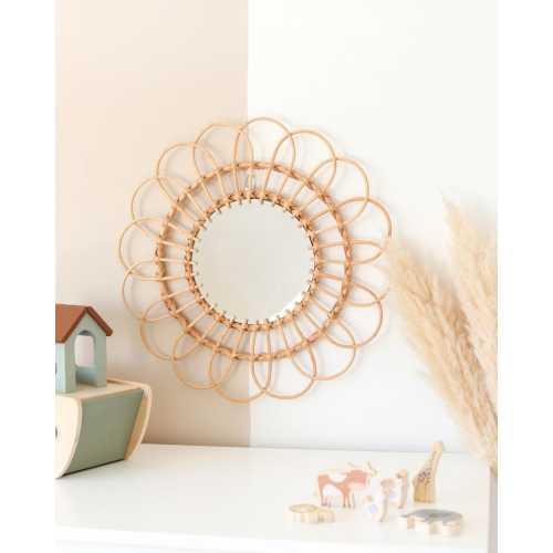 Decorative Mirror for Nursery Decor, Flower Mirror for Kids, Boho Mirror Decorative Girl Bedroom Decor, Round Rattan Mirror, Floral Design