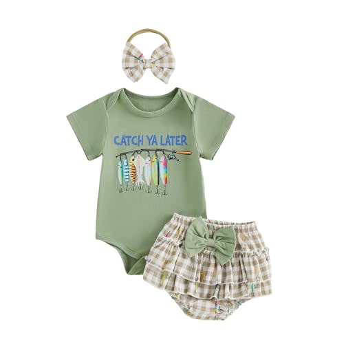 Newborn Baby Girl Fishing Outfit Fish Onesie Short Sleeve Romper Ruffle Plaid Shorts Set 3Pcs Infant Summer Clothes
