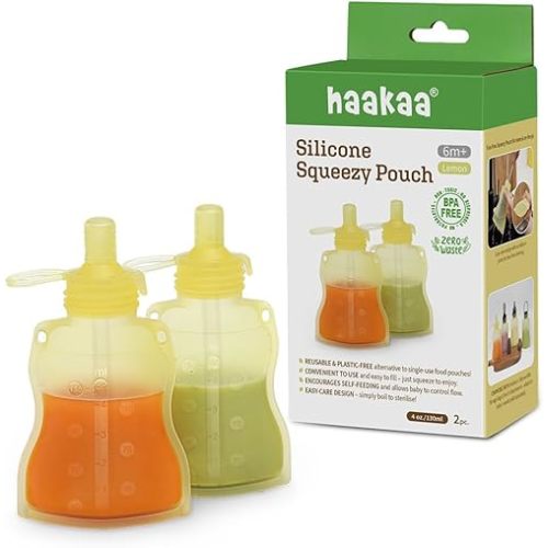 haakaa Silicone Yummy Pouch 4.5 oz – Reusable Silicone Snack & Smoothie Pouch, Refillable, Leak-Resistant, Dishwasher Safe, Eco-Friendly Food Storage for Babies Kids & Toddlers (2-PK, Lemon)