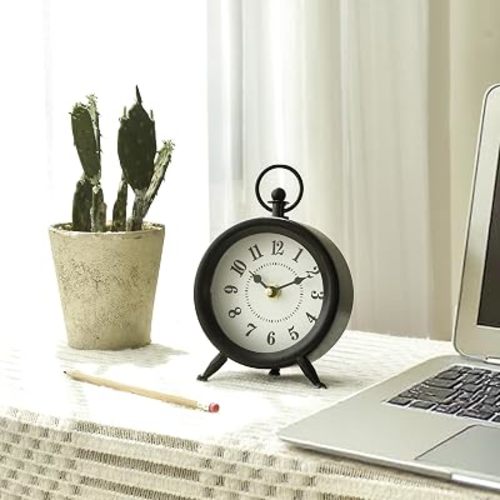 EMAX HOME Small Black Desk and Shelf Clock, 4.7*7.3 Inch Retro Elegant Tabletop Clock with Glass Cover, Silent Non-Ticking Battery Operated Decorative Clock for Living Room, Office, Bedroom, Gift Idea