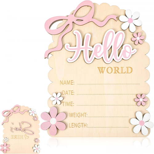 XIBUFE Baby Announcement Sign Hello Worlds Newborn Sign Wooden 3D Pink Bows Birth Announcement Signs She'S Here Card for Newborn Photo Props Welcome Babies Shower Hospital Nursery Decor