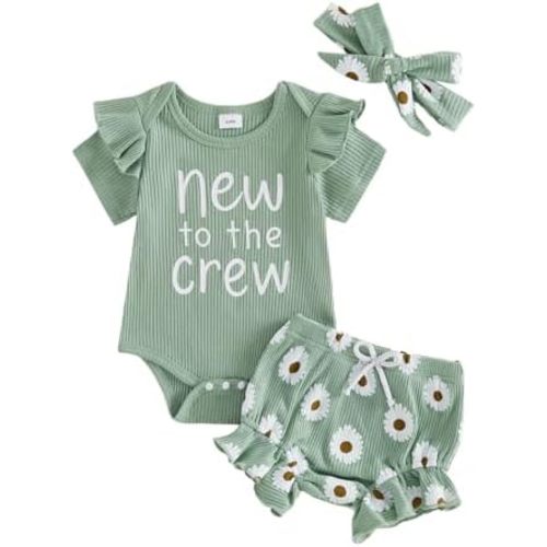 Sejardin Infant Baby Girl Summer Clothes Ribbed Short Sleeve Letter Romper + Daisy Print Shorts + Headband Newborn Outfit