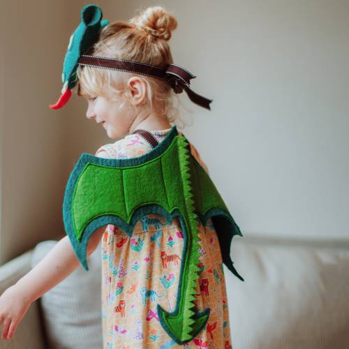 Dylan Dragon Dress Up - Child Costume -with Felted Head Dress, Wings & Tail – Imaginative Play, Welsh Dragon Fantasy for Kids