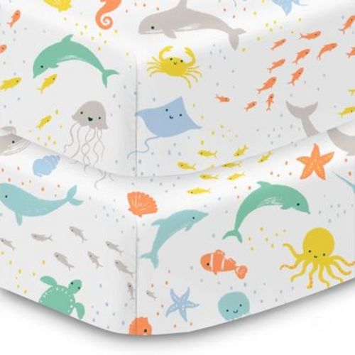 BreathableBaby Cotton Percale Fitted Sheet, For 52" x 28" Crib & Toddler Bed Mattress, Sea Creatures (2-Pack)