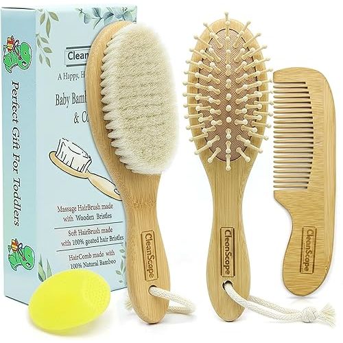 Bamboo Baby Brush & Comb Set – 4-Piece Newborn Grooming Kit with Soft Goat Hair Brush, Wooden Comb & Silicone Scalp Massager – Cradle Cap & Baby Shower Gift