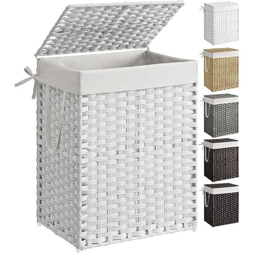 SONGMICS Laundry Hamper with Lid, 23.8 Gallon (90 L) Synthetic Rattan Clothes Laundry Basket with Lid and Handles, Foldable, Removable Liner, Cloud White ULCB51WT