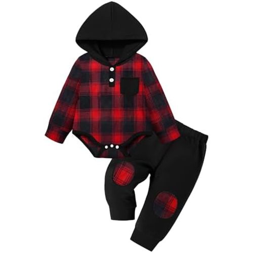 Fommy Baby Boy Clothes Flannel Plaid Outfits Long Sleeve Hoodie Romper Fall Winter 2 Pcs Clothes for Boy