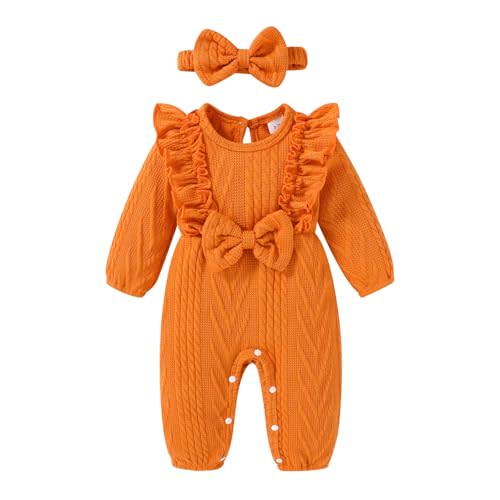 Happy Town Baby Girl Romper Infant Fall Winter Clothes Ruffle Sweater Long Sleeve Bodysuit Jumpsuit and Headband